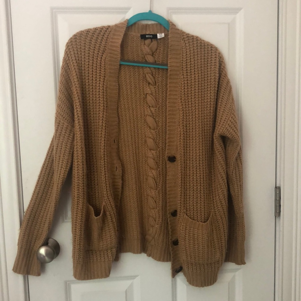 BDG tan brown cardigan. Ribbon down back.